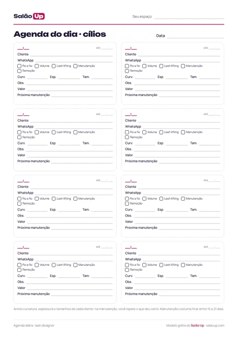 Prévia: Agenda diária para lash designer