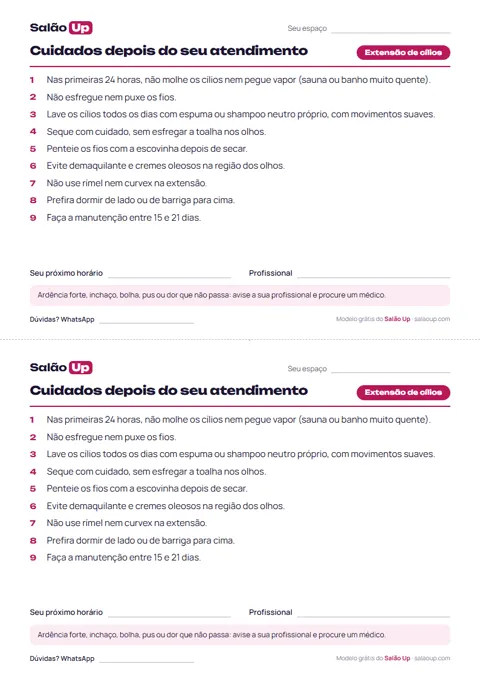 Prévia: Cartões de cuidados pós-atendimento