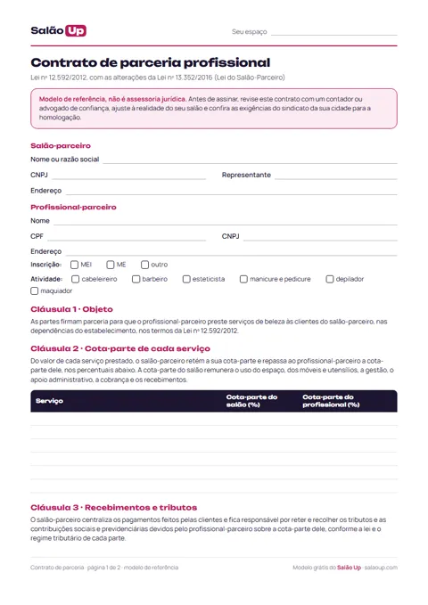 Prévia: Modelo de contrato de parceria (Lei do Salão-Parceiro)