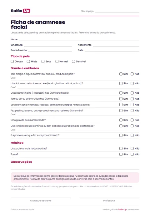 Prévia: Ficha de anamnese facial (limpeza de pele)