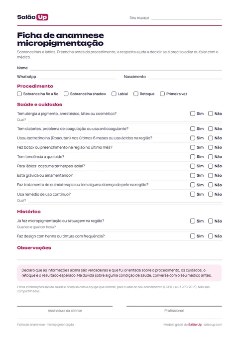 Prévia: Ficha de anamnese de micropigmentação