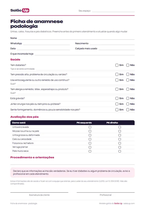 Prévia: Ficha de anamnese de podologia