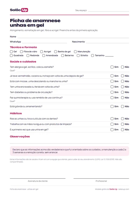 Prévia: Ficha de anamnese de unhas em gel