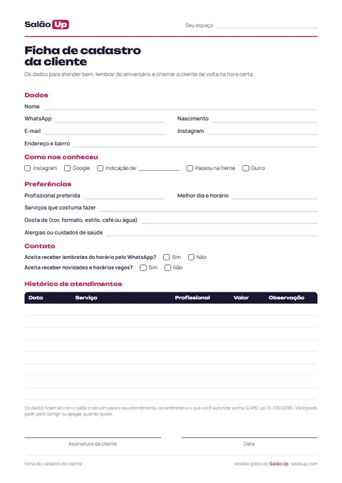 Prévia: Ficha de cadastro de cliente