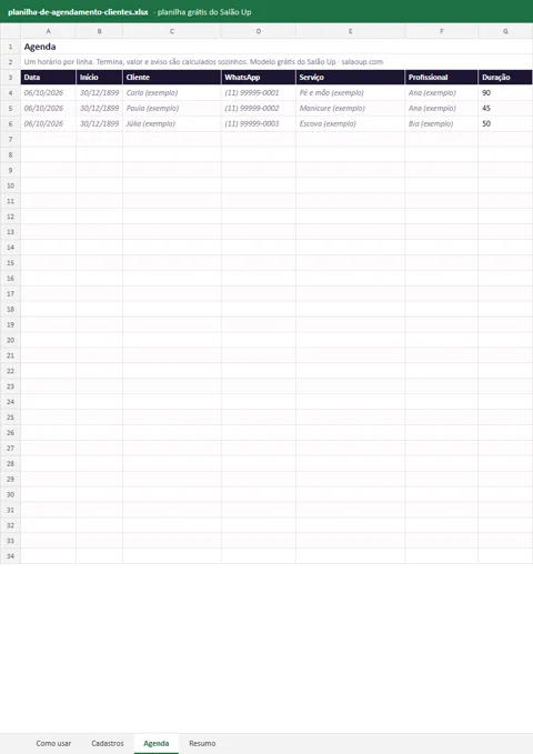 Prévia: Planilha de agendamento de clientes